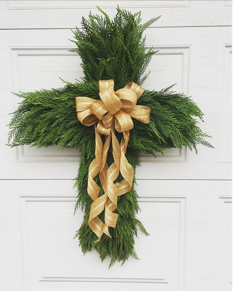 Handmade holiday cross wreath, Cross holiday wreath, Cross door hangar, fresh holiday wreath, cross wreath, fresh cross wreath image 1