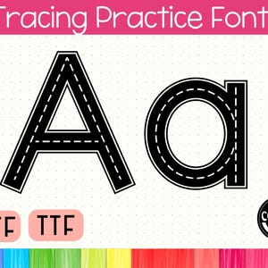 May include: A digital graphic displaying the uppercase and lowercase letter A in a black font with a white dashed line through the center for tracing practice. The text Tracing Practice Font appears at the top, with OTF and TTF labels below.