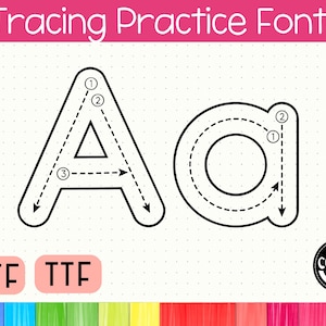 Puede incluir: Una hoja de práctica de fuente de trazado con las letras "A" mayúsculas y minúsculas. Las letras están delineadas en negro con líneas punteadas y flechas numeradas para guiar el trazado. El banner superior dice "Tracing Practice Font".