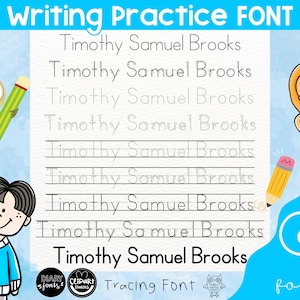 May include: A printable tracing worksheet for practicing writing the name "Timothy Samuel Brooks". The worksheet features a cartoon owl, a cartoon girl, and a blue and white number 9.
