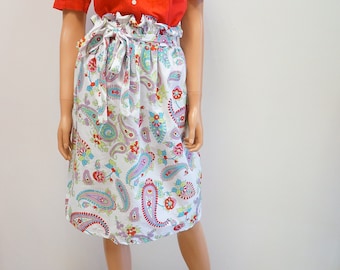 Floral paisley skirt, cotton skirt, white multicolor midi skirt , rubber waist , medium large size