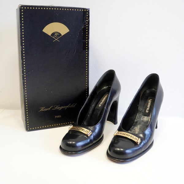 Karl Lagerfeld vintage black leather pumps, metal logo vintage Lagerfeld shoes, size 6,5