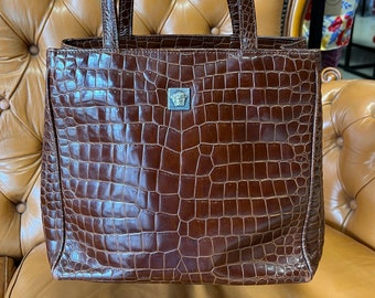 Versace leather bag, Gianni Versace Couture embossed leather brown handle bag, handbag Versace bag