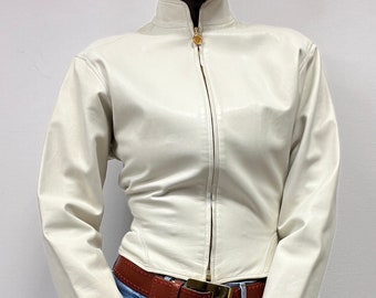 Gianni Versace leather jacket, white cream soft lambskin leather Versace waisted jacket small size