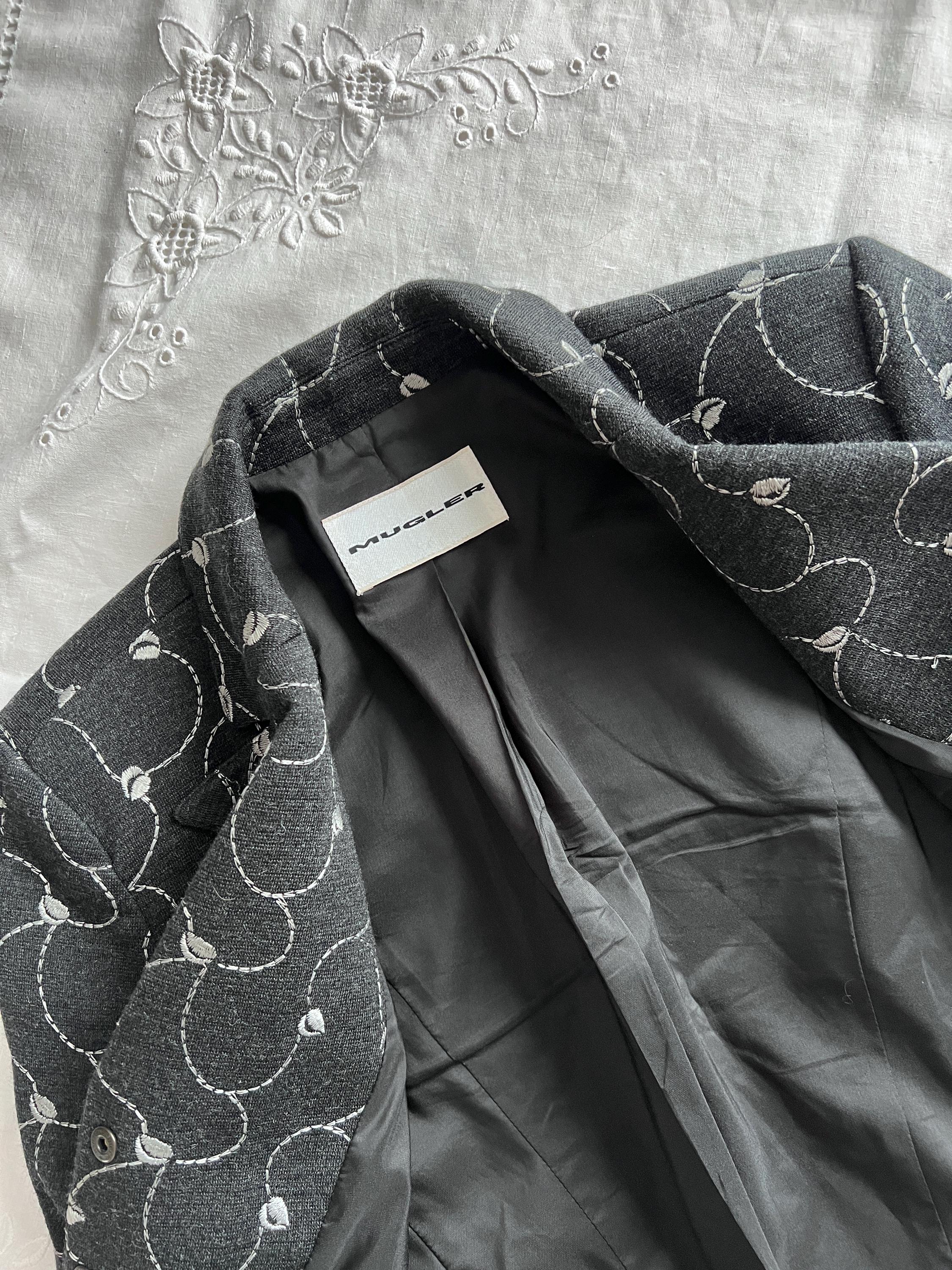 Mugler Grey Blazer Jacket, Embroidered Wool Acrylic Waisted