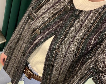 striped wool blazer jacket, vintage lana blazer, buttons open blazer, green purple gray vintage jacket, gift for her, spring jacket italian