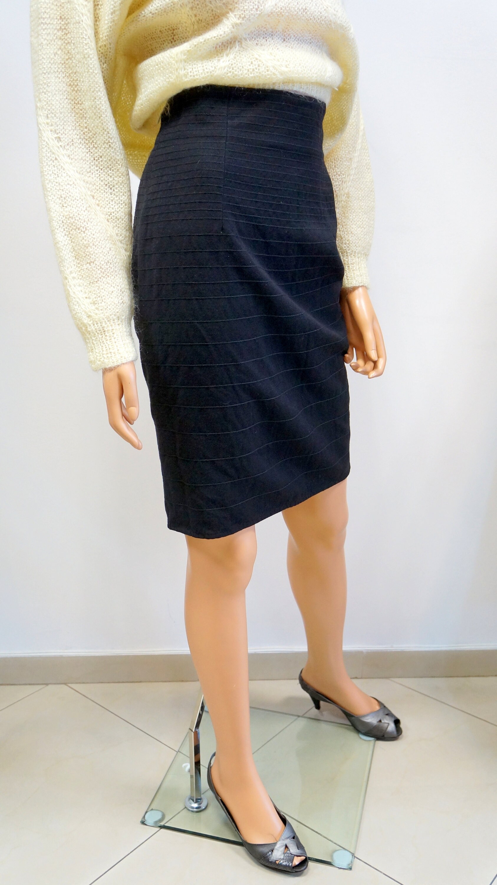 Vintage Gianni Versace Wool Pencil Skirt - 1980S Black Striped Size S Made in Italy