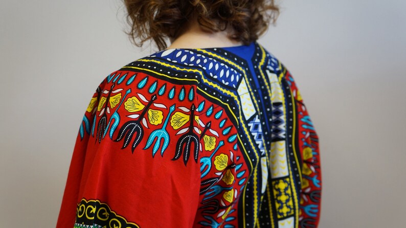 red blue oversize blazer red vintage shirt African cotton multicolor blouse,Dashiki print