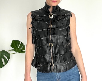 Vintage Versace Leather Fringe Vest: 90s Runway Gold Studs, Size M