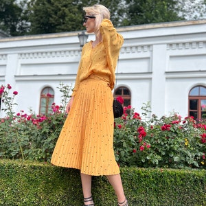 Summer yellow vintage set, pleated skirt oversize blouse, size S, polka dot 80s retro dress set italian clothing women