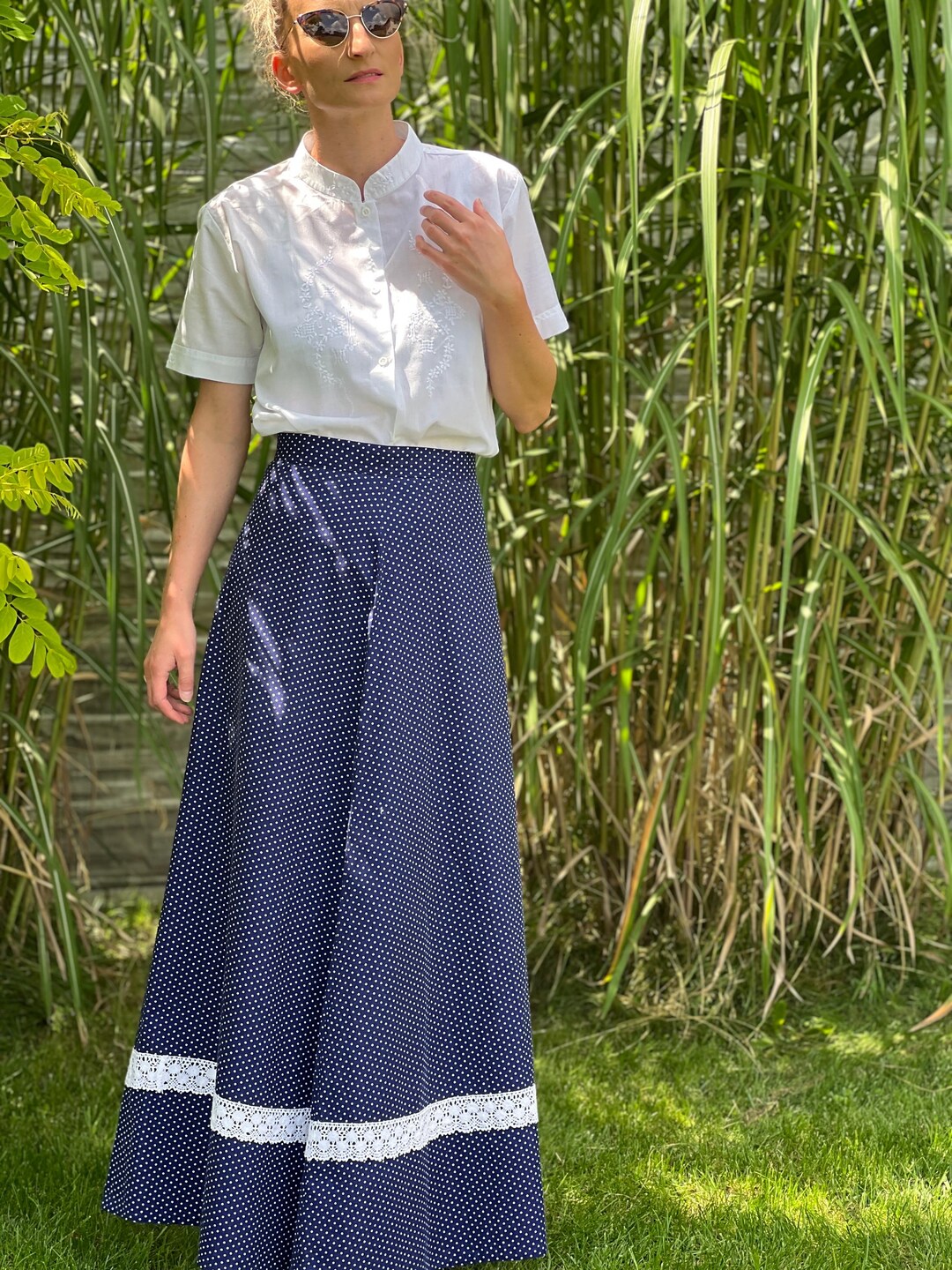 Blue Skirt Maxi Polka Dot With Lace, Hight Waist Long Skirt
