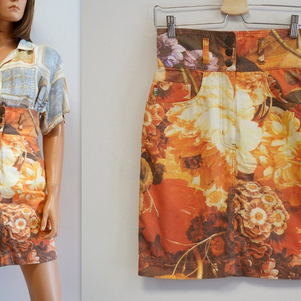 Moschino jeans orange floral skirt, vintage denim cotton pencil skirt, medium size, high waist skirt