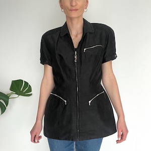 Vintage Thierry Mugler Silk Blazer: Black Graphite, Logo Zip, Size L