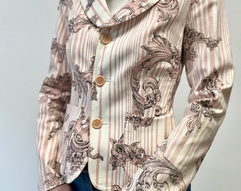Moschino Jeans cotton blazer jacket, white pink striped jacket, floral baroque print small size blazer