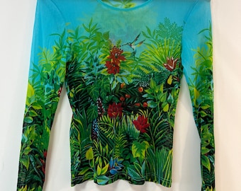Top vintage Kenzo Jungle Mesh – Estampado floral de colibrí azul, Y2K