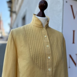 Vintage 60s Yellow Wool Blouse with Mandarin Collar and Long Sleeves – Handmade M L