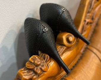 Christian Dior pumps shoes leather, black heel CD logo shoes, size 37 38, vintage snake print shoes heel 9cm