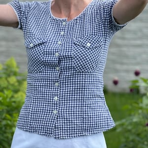Vintage Blue Gingham Cotton Blouse – Handmade Button-Up Shirt – Short Sleeves – Size S/M – Cottagecore Style