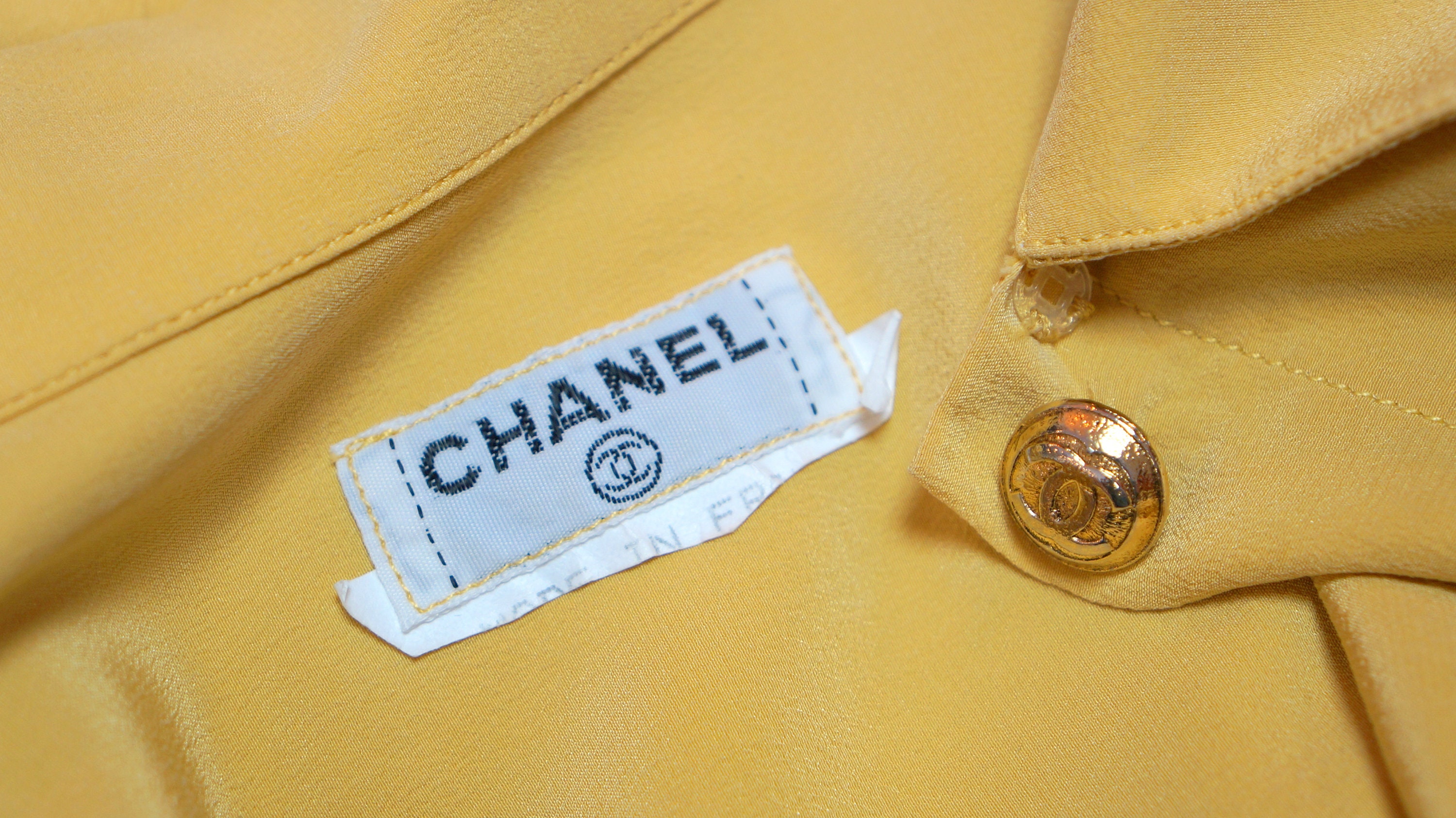 Vintage Chanel Blouse Silk Shirt Yellow Shirt Blouse Pleats 