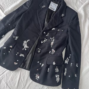 Chaqueta blazer vintage de Moschino, chaqueta de malla de lana, lentejuelas plateadas brillantes, talla grande XL