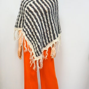 Vintage Wool Shawl Cape – Striped Fringe Poncho Black Beige
