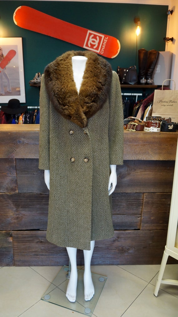 wool green coat,collar fur, green coat,coat vintag