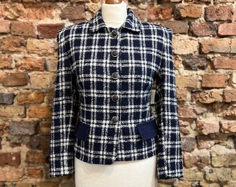 boucle checkered short jacket blazer, navy blue buttons waisted crop blazer vintage, small medium size