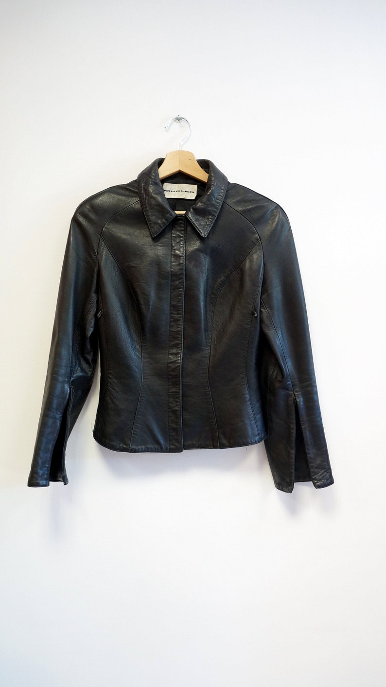 Thierry Mugler leather lamb jacket blazer ,Black leather Mugler jacket, size small medium image 4