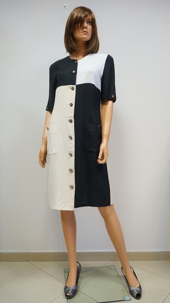 Louis Feraud Dress Vintage Black White Dress Viscose Buttons