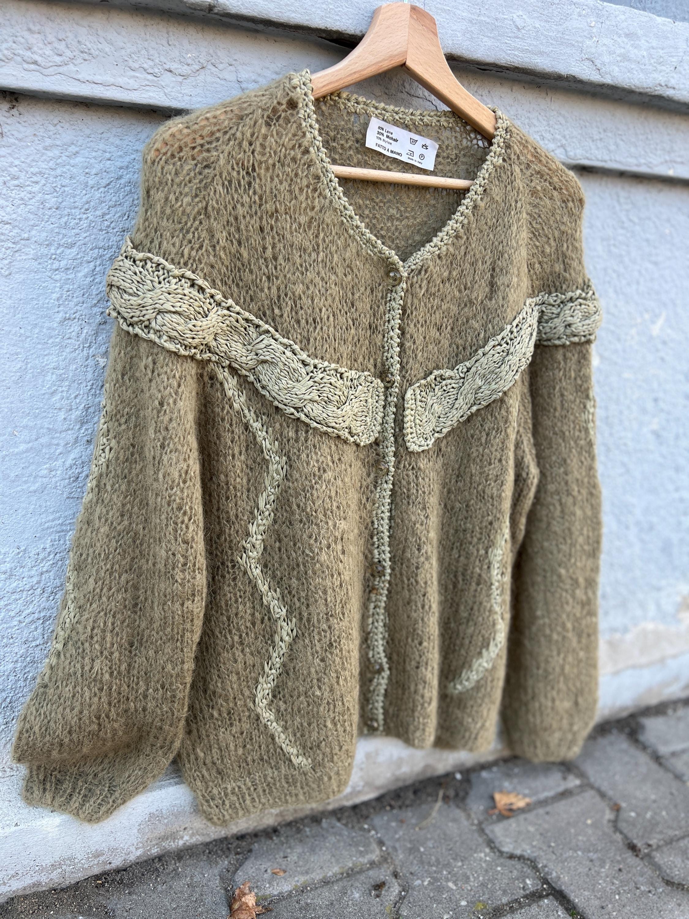 Vintage Italienische Mohair Wolle Strickjacke – Olivgrün Locker