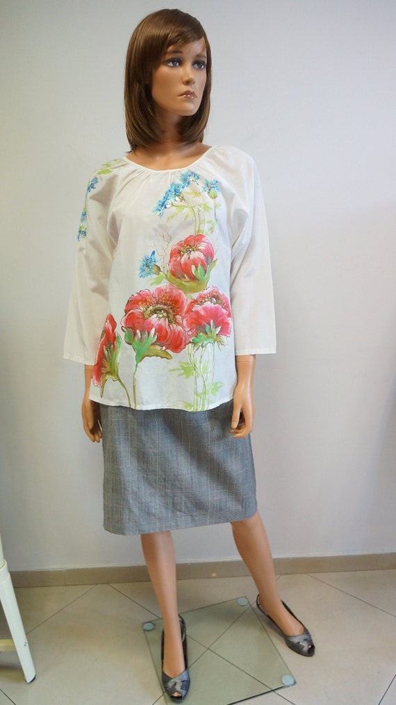 hand painted blouse, white poppies blouse, elegant