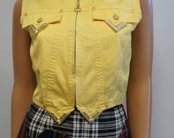 Vintage Versace Jeans Couture Yellow Denim Vest with Gold Medusa Buttons (Size S)