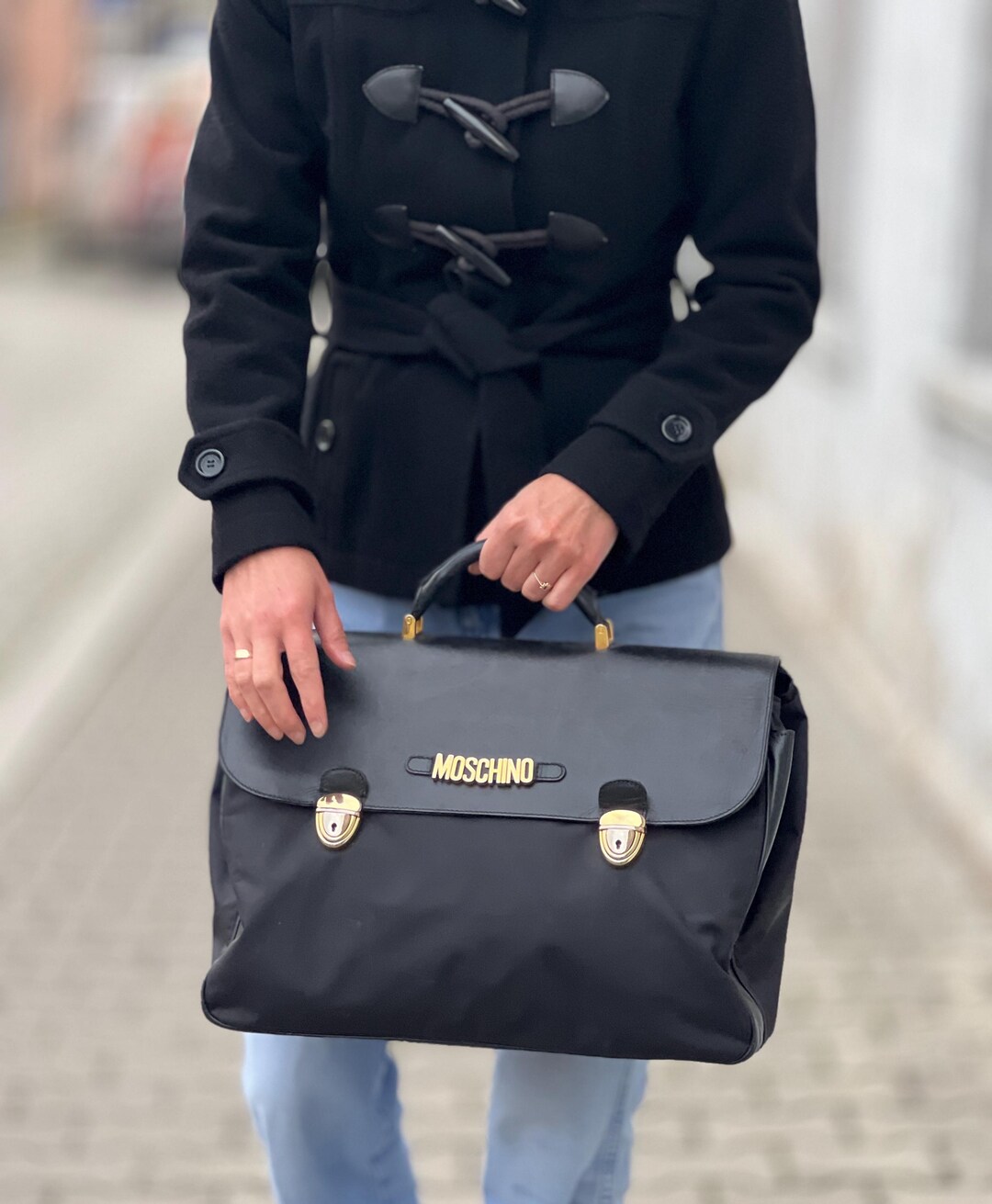 Moschino Redwall Briefcase Vintage Nylon Leather Laptop Bag