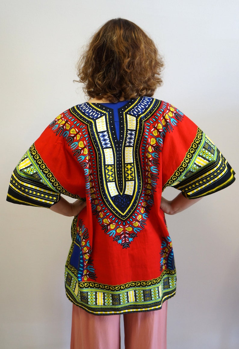 red blue oversize blazer red vintage shirt African cotton multicolor blouse,Dashiki print