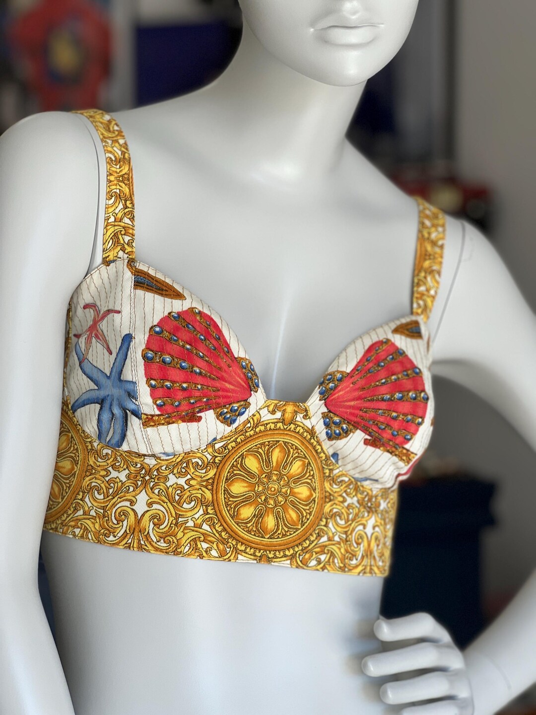 Gianni Versace Starfish Bustier Top: 1992 Baroque Seashell Print