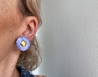 Vintage Button Clip-On Earrings: Purple & Gold Upcycled Jewelry