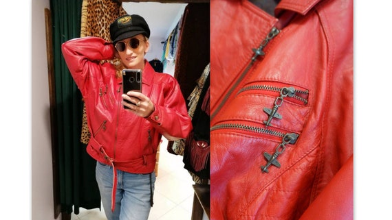 roja de cuero chaqueta ramones de - Etsy España