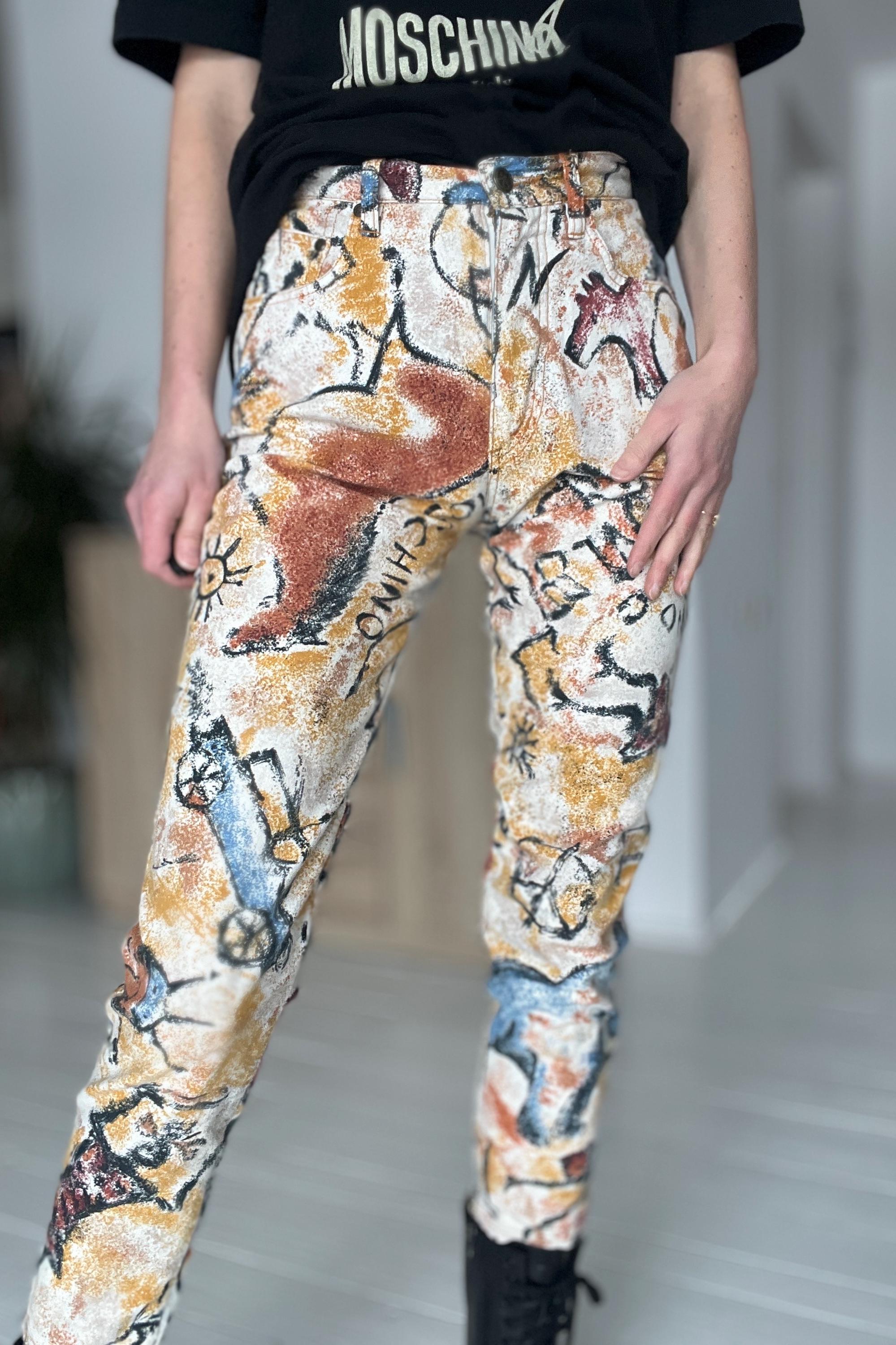 Vintage Moschino Cotton Pants S/M – Artistic Pattern, Made