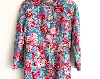 Vintage Linen Cotton Floral Blazer with Shoulder Pads, Small Size