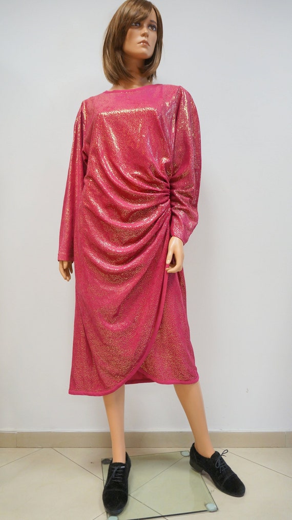 Marrio Bassano Vintage Pink Red Gold Polka Dot Dress Draped 
