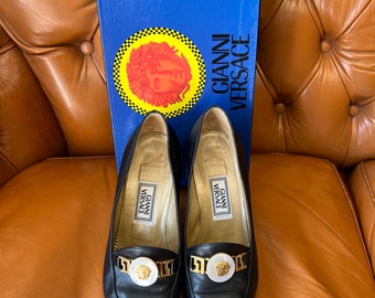 Gianni Versace Medusa Heels: Mother of Pearl, Dark Navy Blue, Size