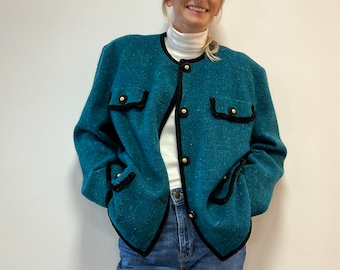 Veste en laine turquoise bukla, bleu vert, boutons veste blazer grande taille italienne élégante boutons dorés