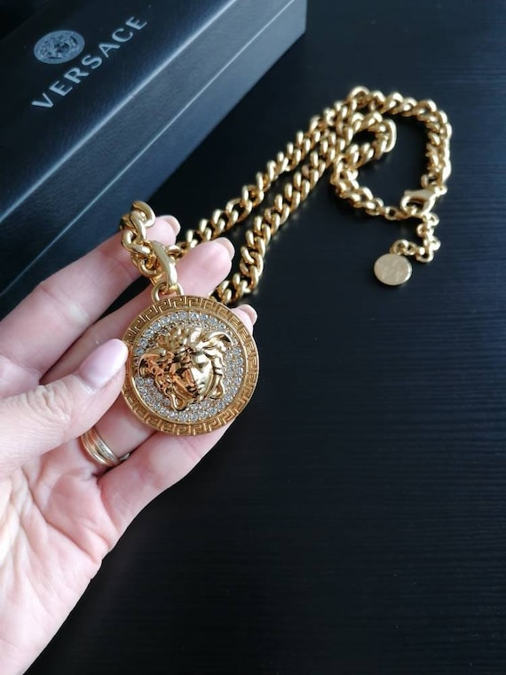 Versace Huge Medalion Necklace, Crystals Medusa Head in Gold