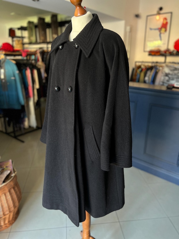 Black Mohair Coat Wool Accento Marzotto, Flared A-line, XL Vintage 