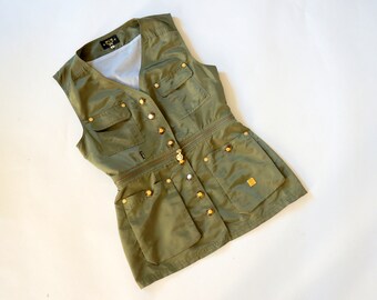 MCM vest 2 in 1 jacket gift for her military green mcm gold logged buttons size Medium