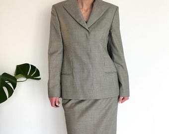 Vintage Gianni Versace Couture Houndstooth-pak: wollen jas en rok, medusa-haken