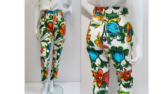 Moschino Jeans Trousers, Floral Cotton Pants, Moschino Vintage White Denim  Trousers, Medium Large Size 
