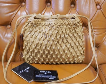 Chanel, Chanel bag, vintage chanel leather knot bucket bag, vintage 90' beige leather openwork braided