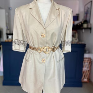 Vintage Light Beige Blazer with Lace Inserts – Short Sleeve, Buttoned, XXXL, 100% Viscose