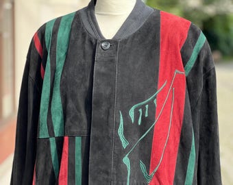 Blouson aviateur en cuir vintage Zaspel vintage des années 80 Deadstock Blouson aviateur en cuir nappa XXL noir avec empiècements verts bordeaux